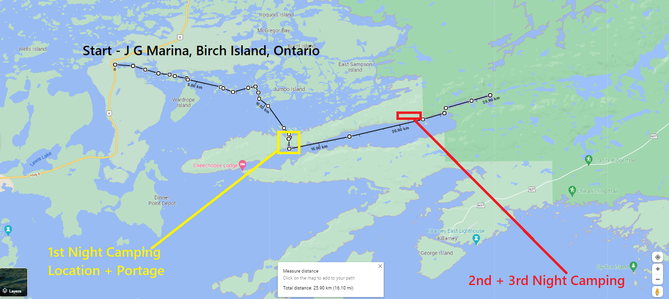 A map that planned a paddle route and measured distances from McGregor's Bay Landing to Baie Fine via McGregor's Bay in Lake Huron's North Channel.